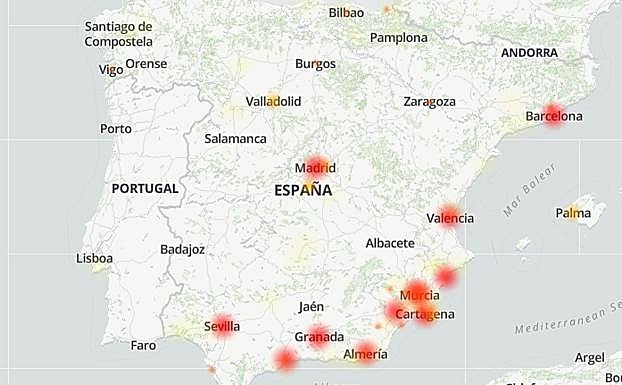Mapa de incidencias de Vodafone según el portal Downdetector.
