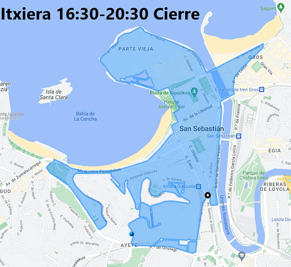 Mapa que muestra en color azul la zona que estará cerrdad al tráfico el sábado 20 de enero entre las 16.30 y las 20.30 horas