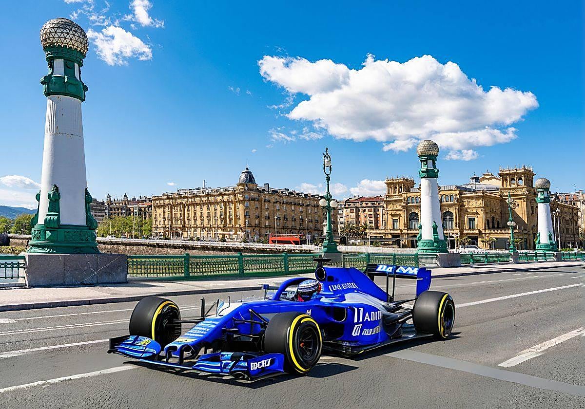 Monoplaza de Fórmula 1 atravesando el puente del Kursaal de San Sebastián.