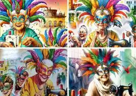 Los carteles ganadores del los concursos de carnavales 2024 de Irun, Sestao, Pedro Muñoz y Barbadás, firmados por Rubén Lucas García y que incluyen a una abuela sonriente con máscara y su máquina de coser.