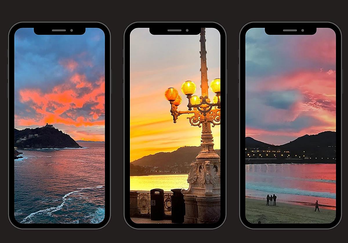 Tres de las imágenes de la bahía de La Concha difundidas durante el atardecer de este jueves.