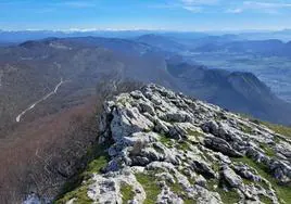 Los picos de los Pirineos nevados al fondo. Antes numerosas cimas navarras definidas en un pasiaje en el que predomina el gris azulado.