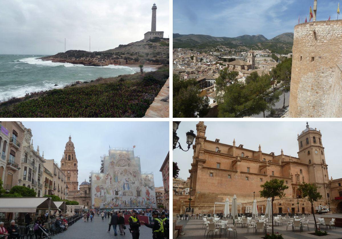 De izquierda a derecha y de arriba abajo: Cabo de Palos, Caravaca de la Cruz, Murcia y Lorca.