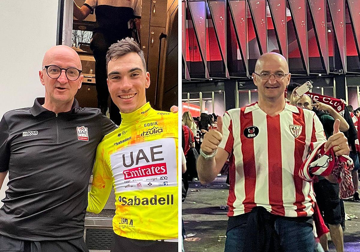 El doctor Iñigo San Millán en dos imágenes de su sábado de ensueño, con Juan Ayuso y celebrando la victoria del Athletic.