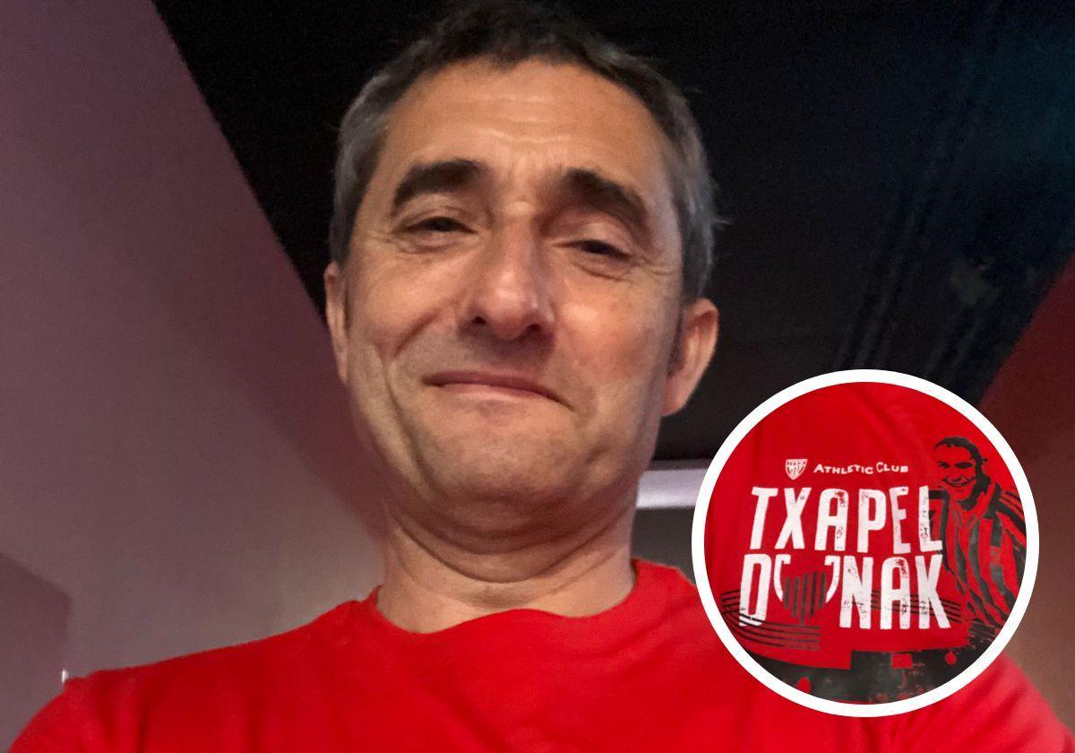 Valverde, en la gabarra, con la camiseta dedicada a su amigo oñatiarra fallecido
