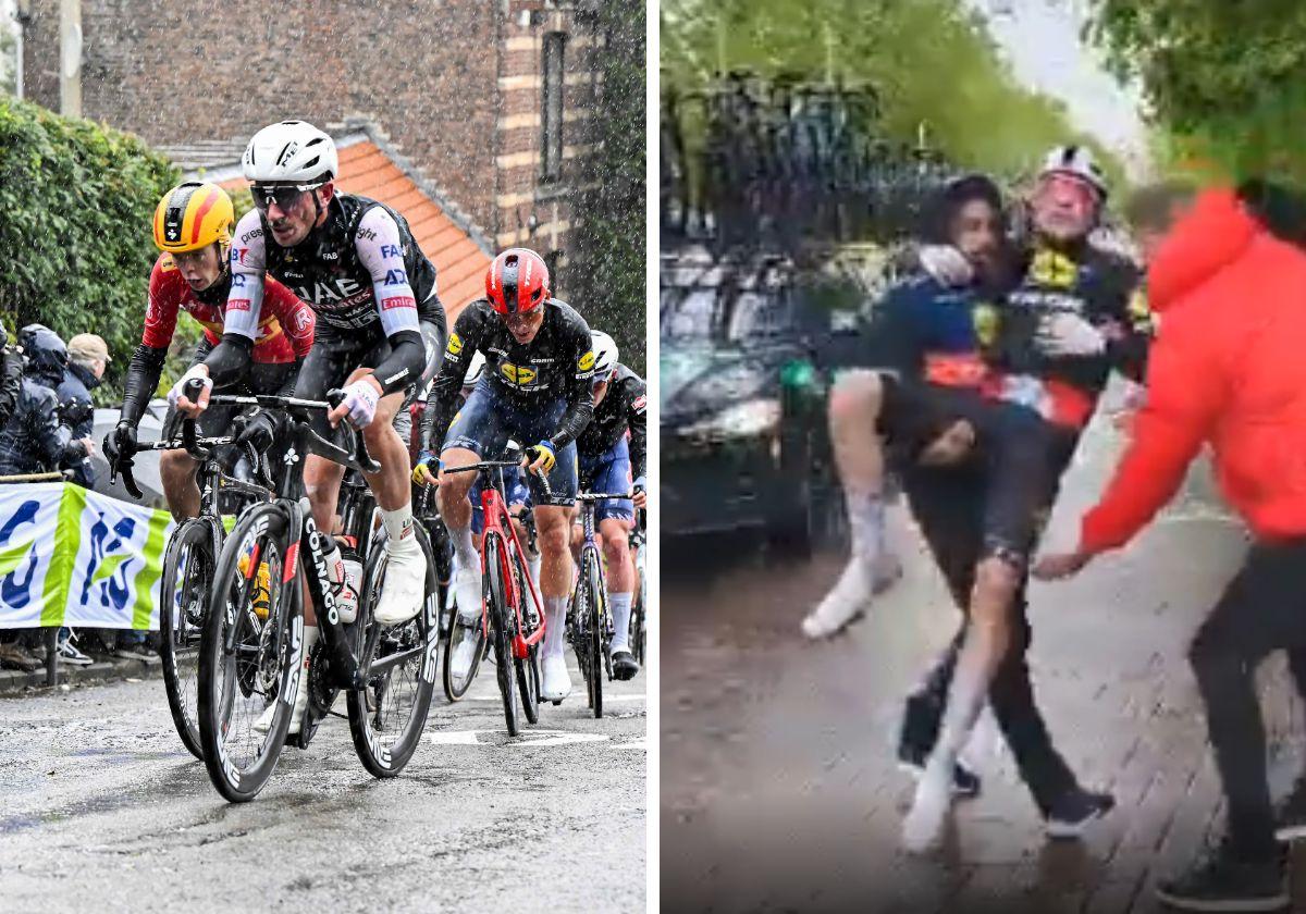 Corredores bajo la lluvia en el muro de Huy y Skejlmose, retirado en brazos en la Flecha Valona.