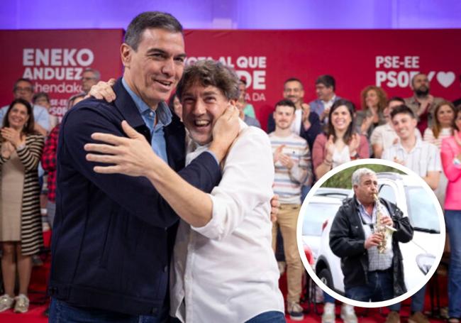 Abrazo entre Sánchez y Andueza y en miniatura el saxofonista que recibió a Abascal en Irun