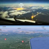 Arriba, el inicio del vídeo del piloto francés, y debajo la misma vista desde Google Earth.