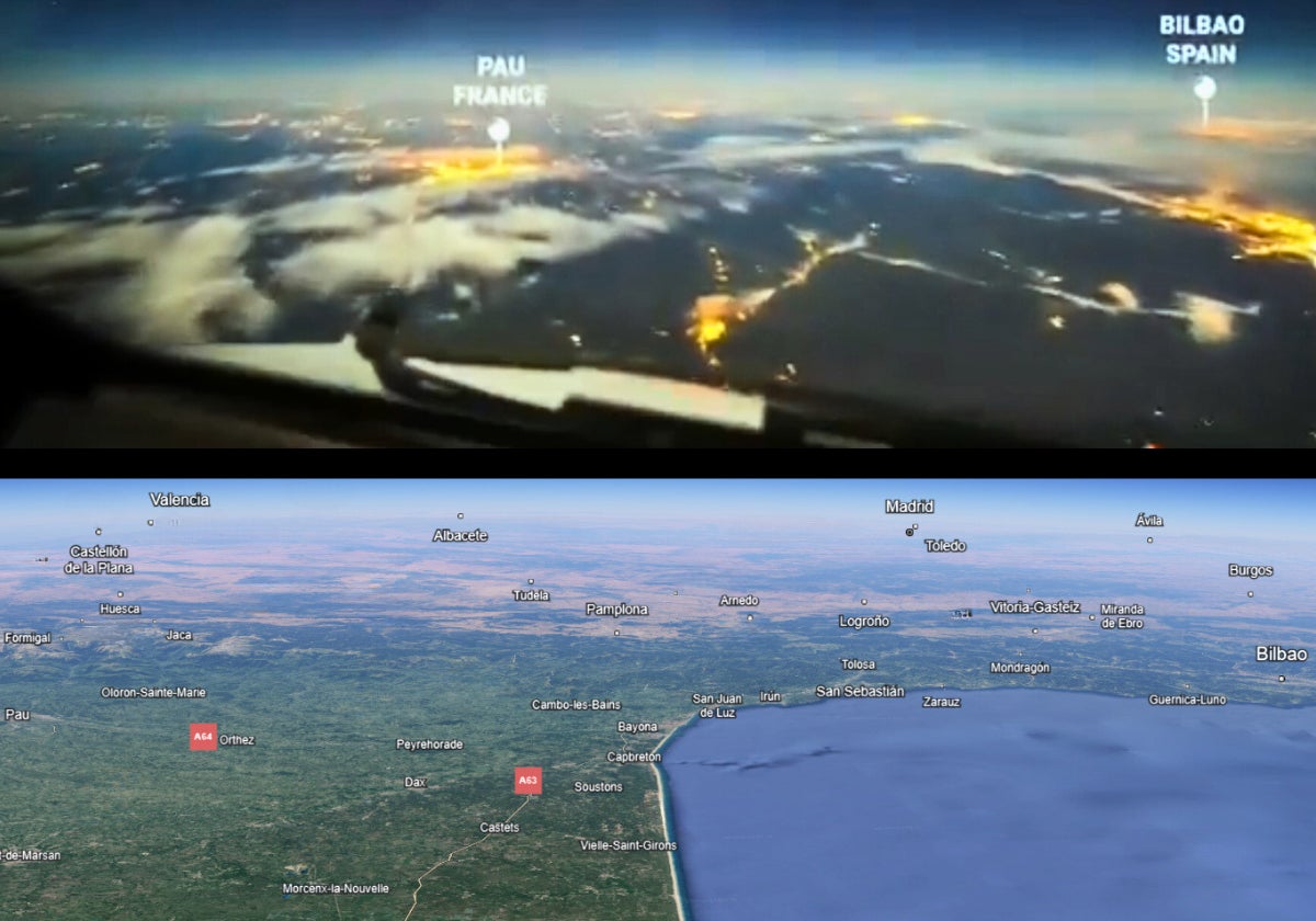 Arriba, el inicio del vídeo del piloto francés, y debajo la misma vista desde Google Earth.