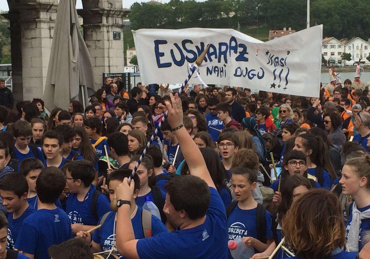 Manifestación de profesores y alumnos de la red ikastolas Seaska.