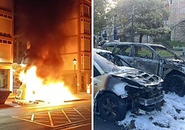 Los contenedores en llamas y los vehículos dañados por el fuego.