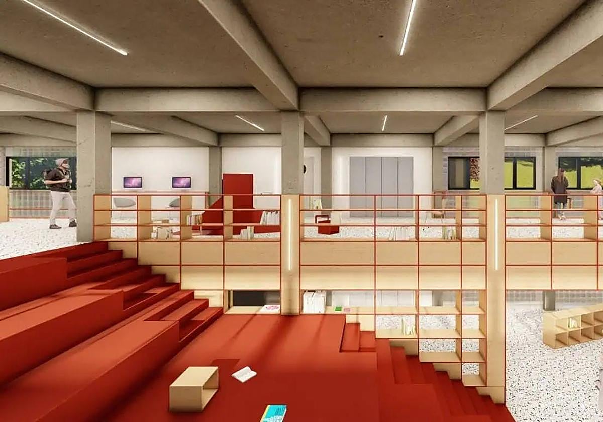 Imagen principal - Fotomontajes de diferentes dependencias exteriores e interiores del edificio ya rehabilitado, que contará con terraza en la cubierta, biblioteca, zona de exposiciones y un espacio escénico divisible con camerinos.