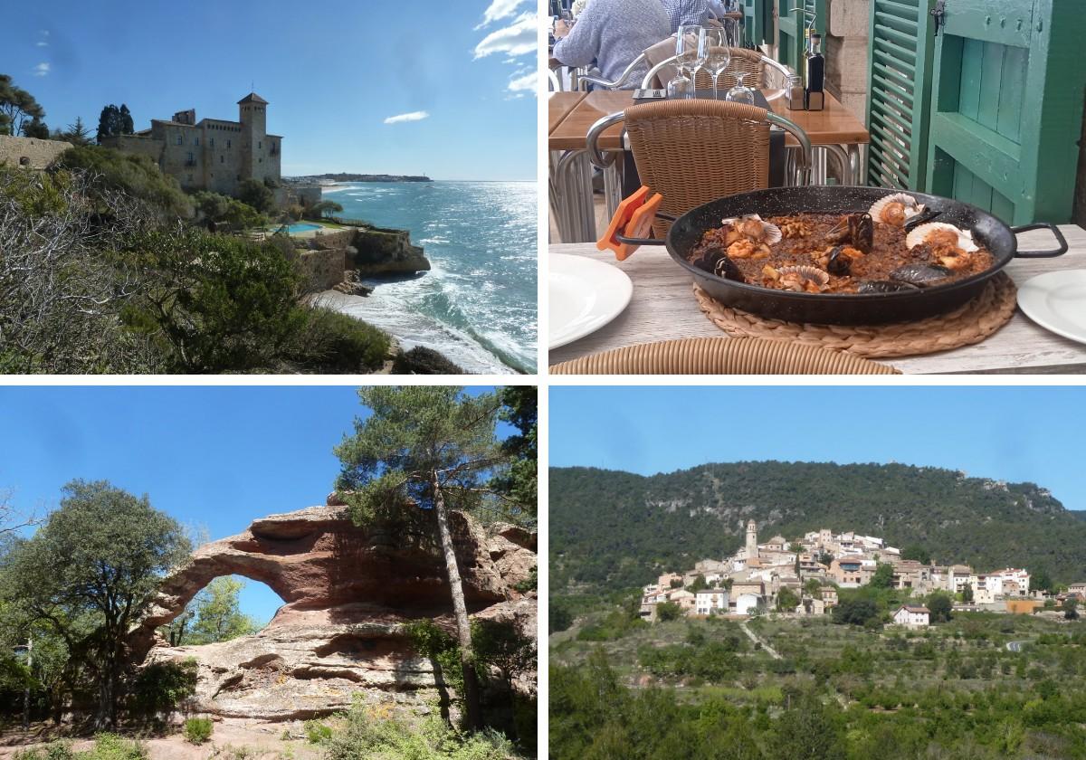 De izquierda a derecha y de arriba abajo, castillo de Tamarit, un arroz suculento en Vil·la Casals, la Roca Foradada de Prades y la localidad de Capafonts.