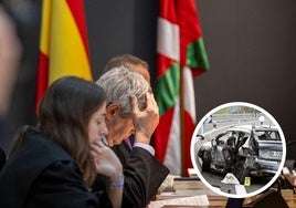 Momento del juicio en la Audiencia de Gipuzkoa, y estado en el que quedo el vehículo tras el accidente en 2017.