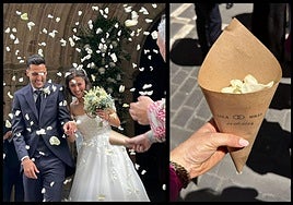 La salida de Mikel Merino y Lola Liberal de la iglesia tras casarse. Los invitados han lanzado pétalos desde cucuruchos personalizados.