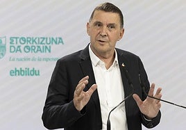 Otegi, durante su comparecencia de este lunes en Donostia
