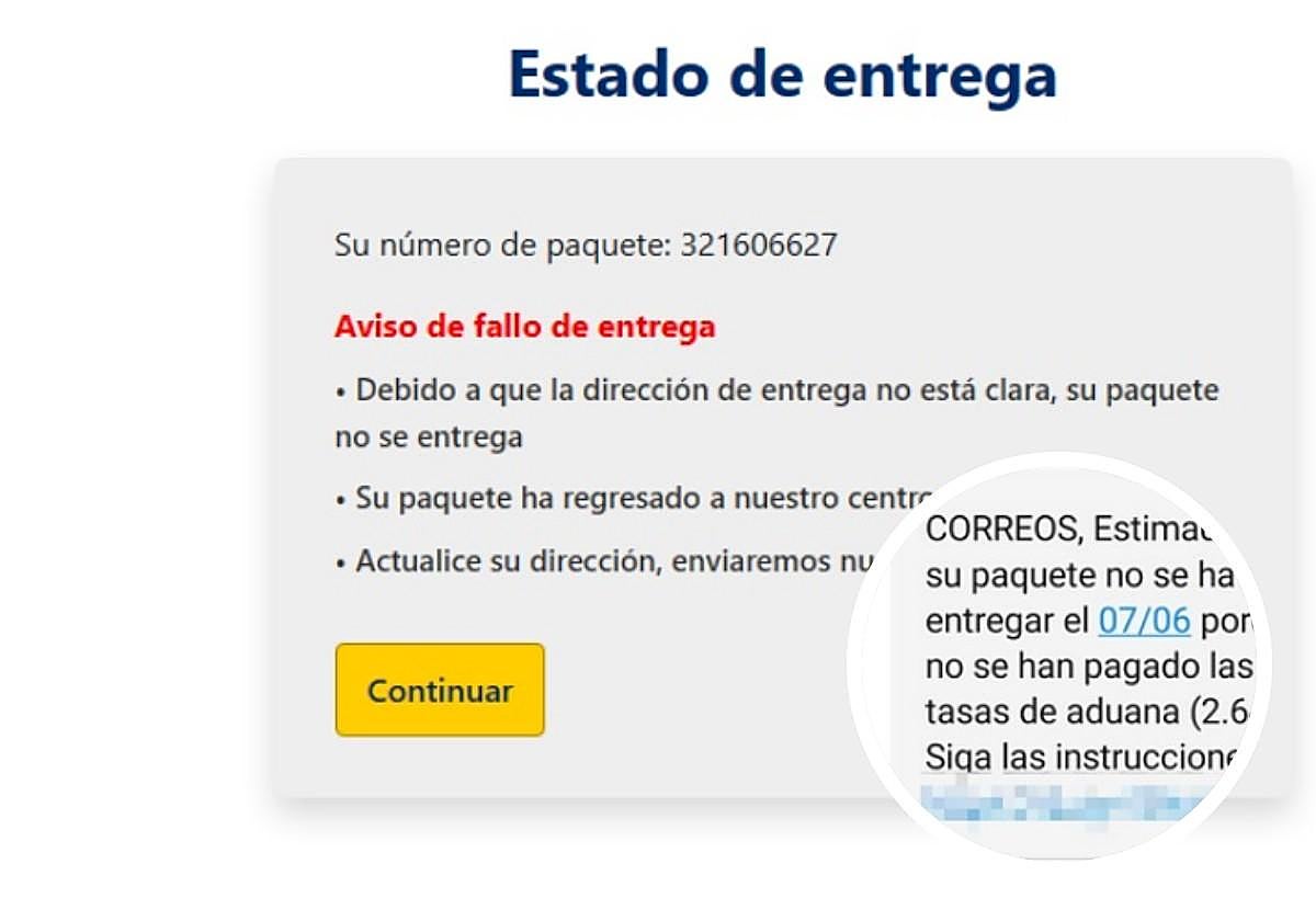 Página web fraudulenta para realizar el pago a los ciberdlicuentes y, a la derecha, uno de los SMS que se reciben en el teléfono.