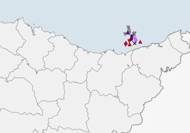 Radar de tormentas frente a la costa de Gipuzkoa a las 15.00 horas de este miércoles.