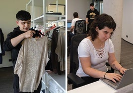 Iraitz, a la izquierda de la imagen, en uno de los espacios simulados de prácticas que hay en el nuevo edificio Iome, en Gureak. Unbe, a la derecha, ha aprendido a desempeñar sulabor como administrativa a base de muchas clases prácticas.