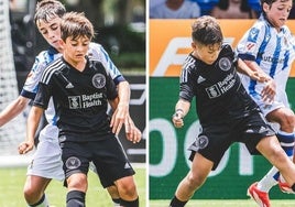 Thiago Messi y Benjamín Suárez, hijos de Leo y Luis, durante el partido disputado ayer ante la Real Sociedad en Orlando.