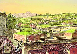 San Sebastián. Pintura en gouache de la bahía de La Concha vista desde el interior de las murallas en Urgull.