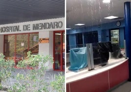 El hospital de Mendaro y a la derecha las cataratas de agua filtrada esta madrugada en la zona de urgencias.