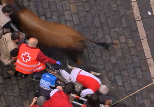 Uno de los toros engancha a un corredor en la curva de Estafeta, pero sin cornearlo.