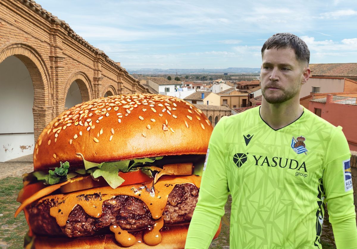 Montaje con Álex Remiro y una hamburguesa con Cascante de fondo