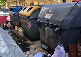 Contenedores de basura de la calle Easo en San Sebastián anegados por agua estancada y con basura en el exterior.