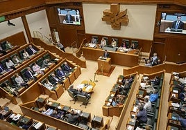 Vista general del hemiciclo del Parlamento vasco durante el pleno de investidura de Imanol Pradales.