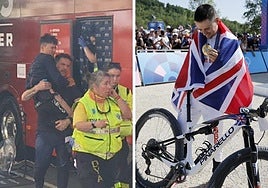 A la izquierda, Pidcock llevado en hombros tras su grave caída en la previa de la Itzulia. En la derecha, sujeta la medalla de oro en Mountain Bike.