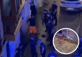 Los ertzainas durante el momento de la detención de los dos jóvenes. A la derecha, una imagen de la sangre en el suelo.