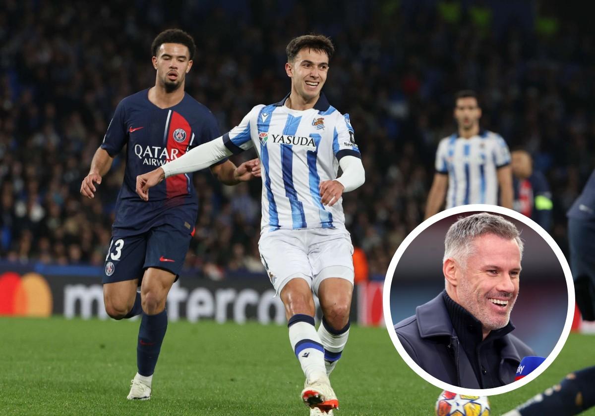 Martin Zubimendi durante un partido de la Champions frente al PSG.