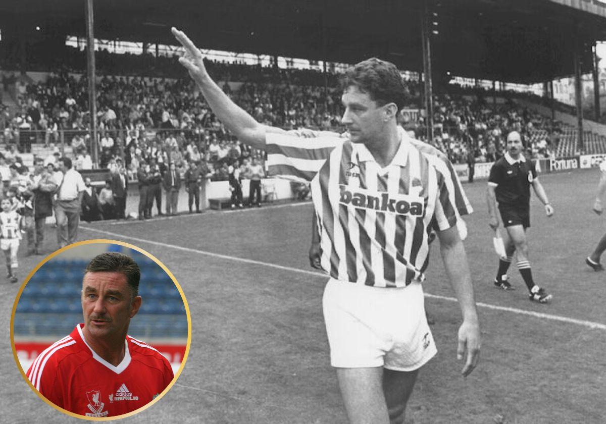 John Aldrige con la camiseta de la Real Sociedad en Atotxa y durante un homenaje del Liverpool.