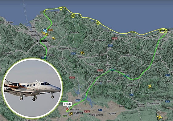 Trayecto realizado por una avioneta esta mañana e imagen del jet privado que aterrizaba a la misma hora en el aeropuerto de Hondarribia.