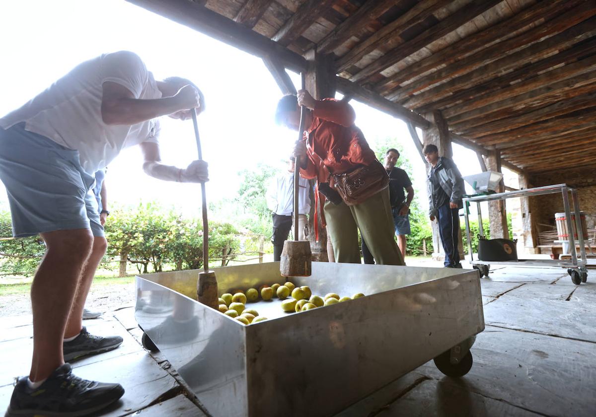 Los visitantes machacan manzanas en el exterior de Igrtubeiti.