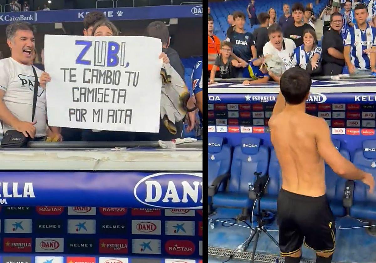 Martin Zubimendi entrega su camiseta a una joven aficionada de la Real Sociedad.