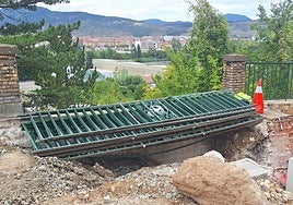 Retirada de las emblemáticas vallas verdes con el león y la corona en Pamplona.