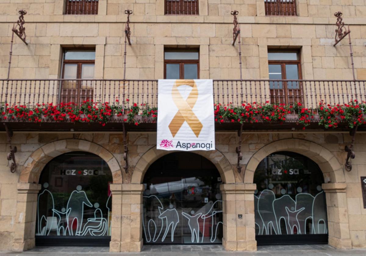 Lazo de Aspanogi en uno de los balcones del ayuntamiento.