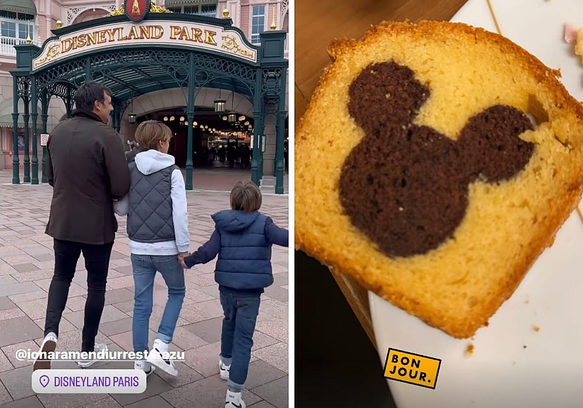 Ion Aramendi junto a sus hijos mayores y un detalle del desayuno en el hotel donde se alojan.