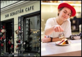 Fachada de la cafetería San Sebastián y su versión de la tarta de queso La Viña