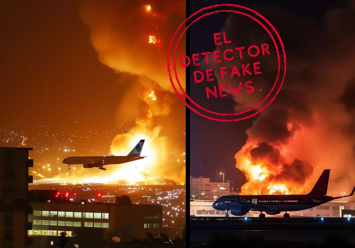 Imágenes alteradas con inteligencia artificial sobre el supuesto bombardeo del aeropuerto de Beirut.