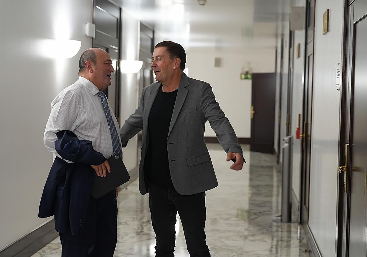 Andoni Ortuzar y Arnaldo Otegi se saludan en los pasillos del Parlamento Vasco