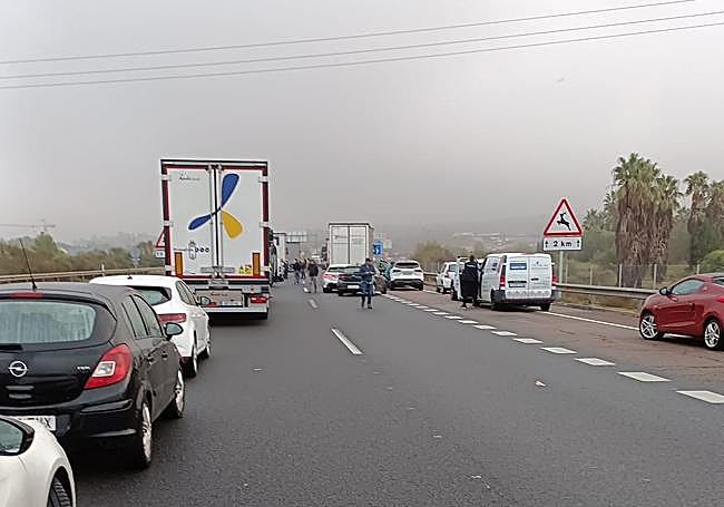 Coches y camiones parados en la A3, atascada desde el martes por la tarde.