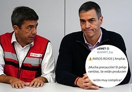 Carlos Mazón y Pedro Sánchez este jueves en Valencia. En detalle, uno de los tuits de alerta de Aemet en la mañana del martes.