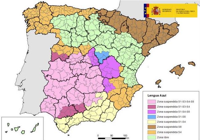 Zonas suspendidas el 30 de octubre por diferentes serotipos del virus de la lengua azul.