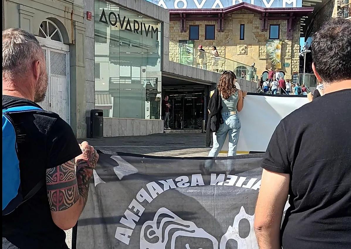 Imagen secundaria 1 - Los distintos momentos de la protesta, con los miembros del colectivo animalista asentados en el interior del Aquarium.