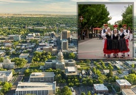 Vista aérea de Boise (Idaho) y una celebración con dantzaris en el centro de la ciudad.