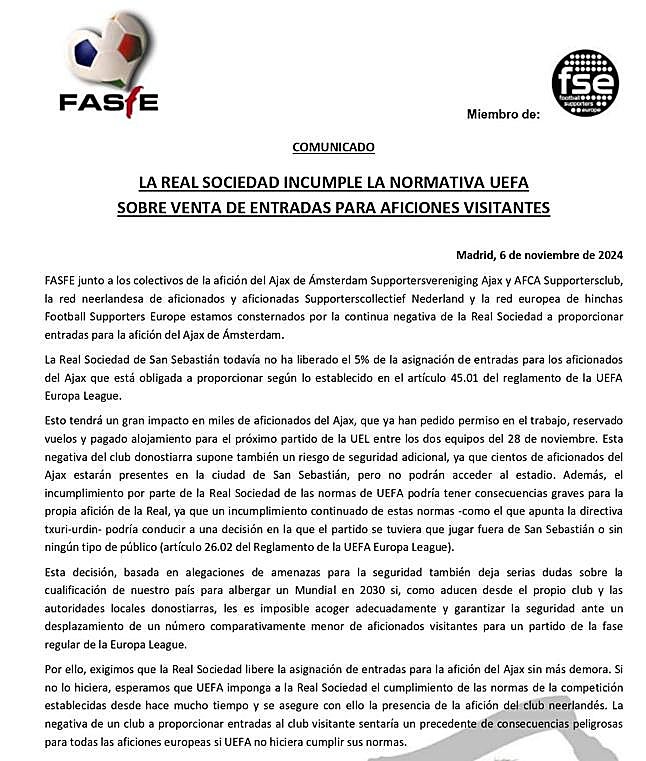 El comunicado de Fasfe
