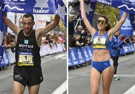 Chakib Lachgar y Mireia Guarner, en la meta del Boulevard en la 59 edición de la Behobia - San Sebastián.